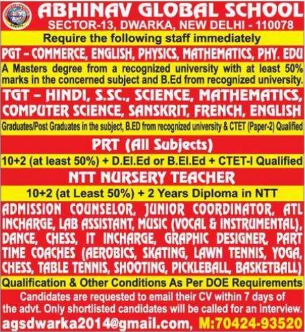 Abhinav Global School Dwarka Staff Recruitment 2026