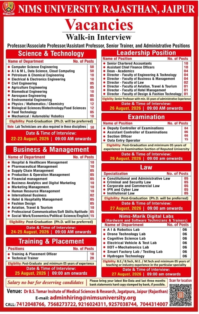 Academic and Administrative Walk-In Interviews by NIMS University Jaipur