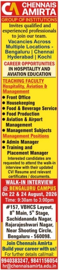 Academic and Management Staff Walk-In Interview by Chennais Amirta