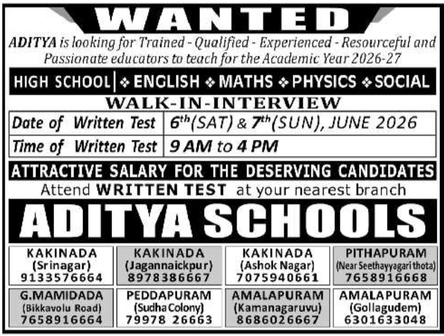 Aditya Schools High School Teacher Walk-In Written Test