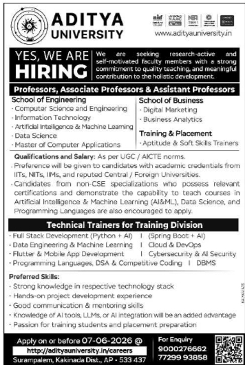 Aditya University Faculty & Technical Trainer Recruitment