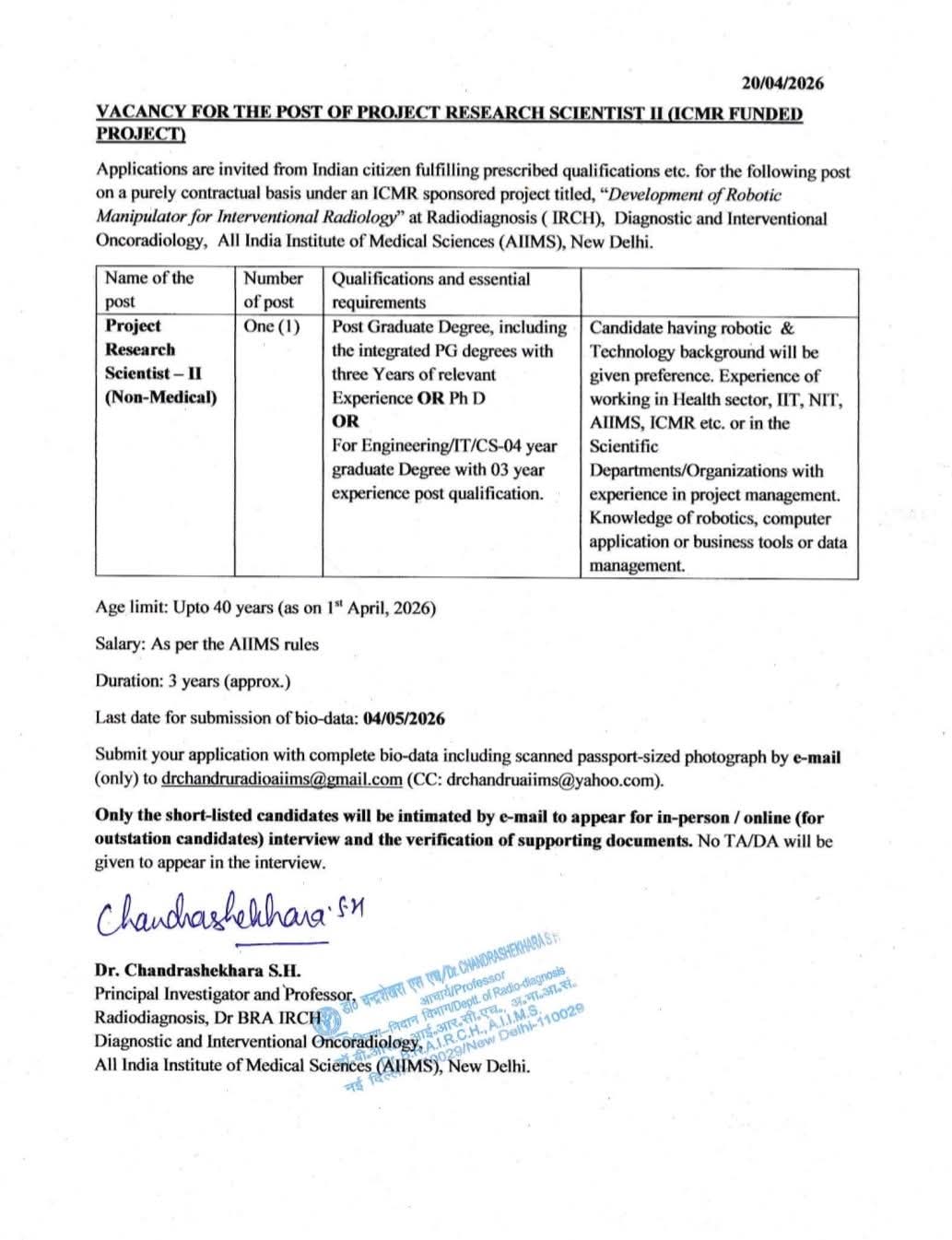 AIIMS Delhi Hiring: Research Scientist for Robotics & Radiology Project