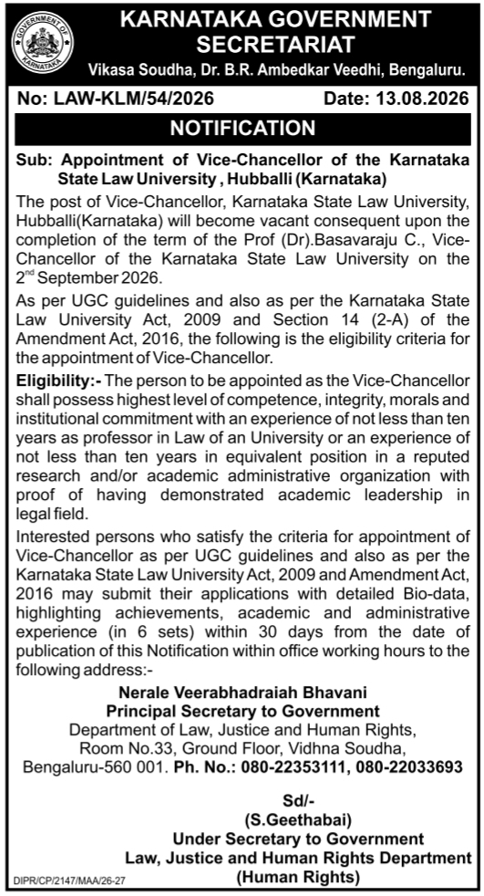 Appointment Notification for Vice-Chancellor Post at KSLU Hubballi by Karnataka Government