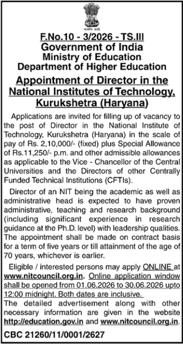 Appointment of Director at National Institute of Technology, Kurukshetra (Haryana)