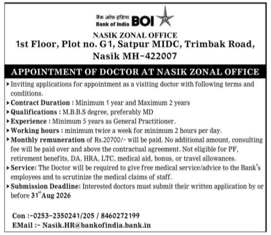 Appointment of Visiting Contractual Doctor by Bank of India