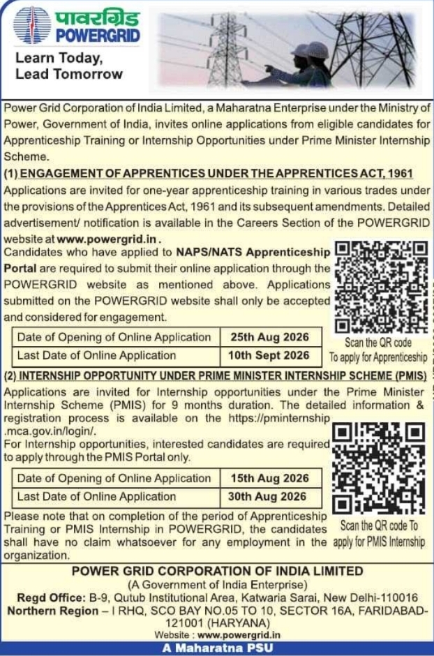 Apprenticeship and PMIS Internship Scheme by POWERGRID