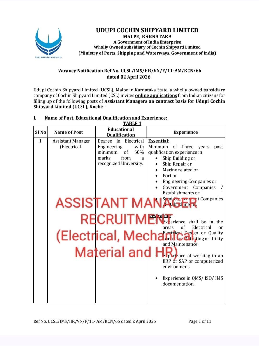 Udupi Cochin Shipyard Assistant Manager Recruitment 2026