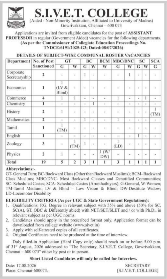 Assistant Professor Recruitment Notification by S.I.V.E.T. College