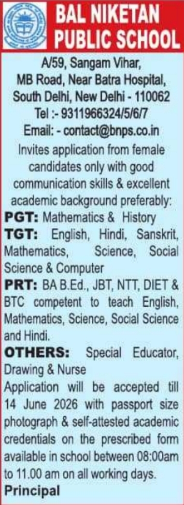 Bal Niketan Public School Recruitment: Teaching & Staff Openings (Female Candidates Only)