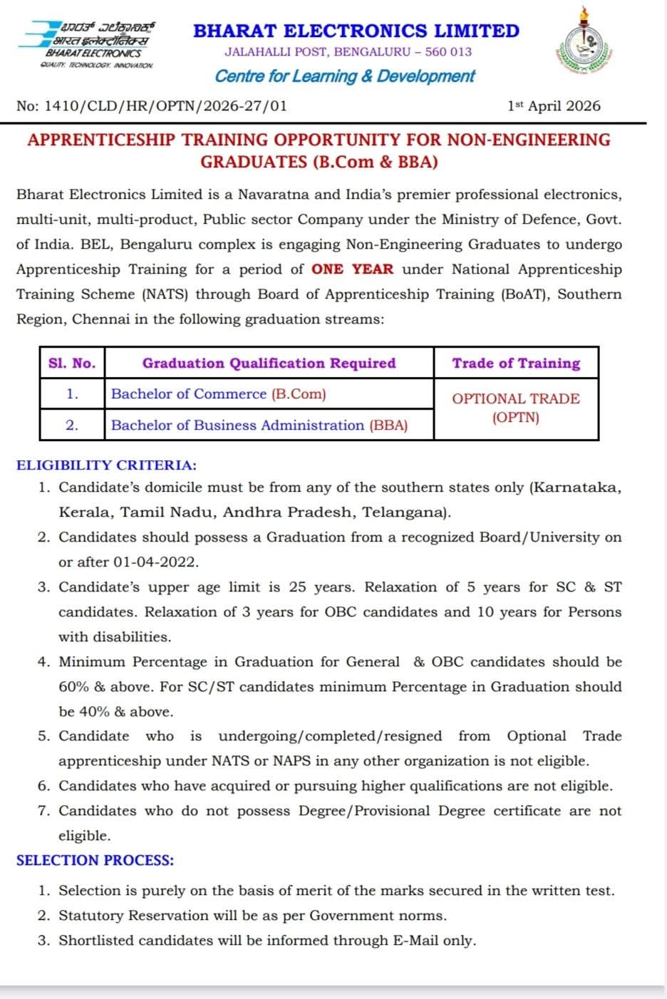 Bharat Electronics Apprenticeship 2026-27