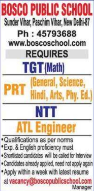 Bosco Public School Delhi Teacher Recruitment 2026