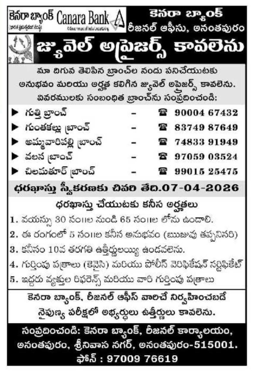 Canara Bank Jewel Appraisers Recruitment 2026