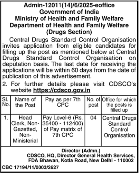 CDSCO Head Clerk Recruitment Notice On Deputation Basis