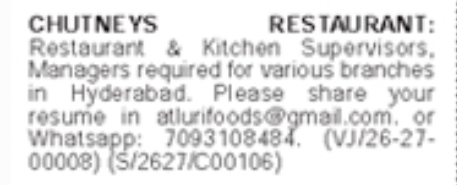 Chutneys Restaurant is Hiring: Managers & Supervisors
