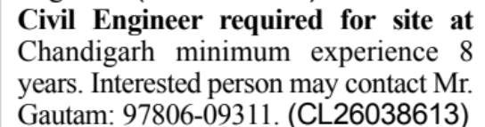 Civil Engineer Recruitment for Chandigarh Construction Site