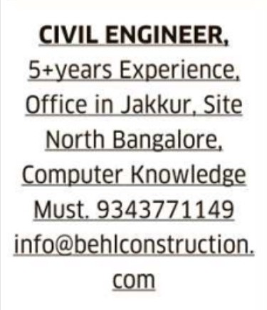 Civil Engineer Vacancy at Behl Construction in North Bangalore