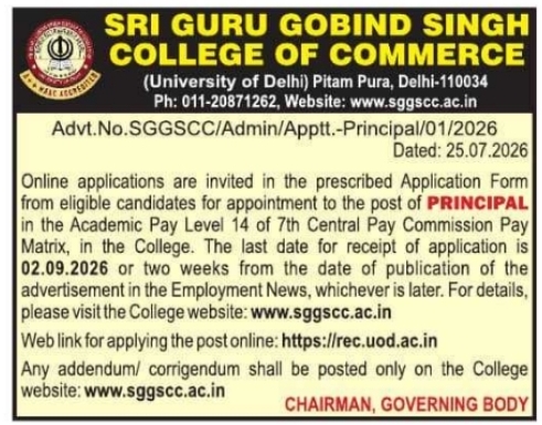 College Principal Regular Recruitment by SGGSCC University of Delhi
