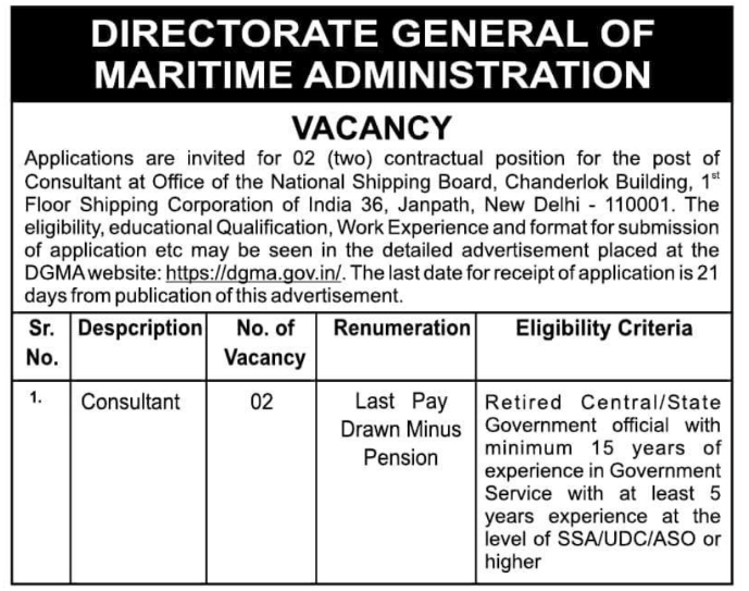 Consultant Recruitment by Directorate General of Maritime Administration