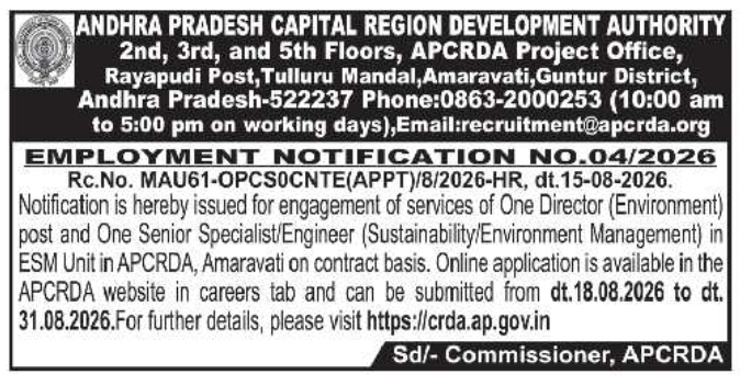 Contract Recruitment Notification for Executive Positions by APCRDA