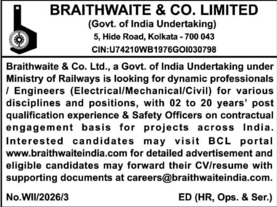Contractual Project Engineer Recruitment by Braithwaite