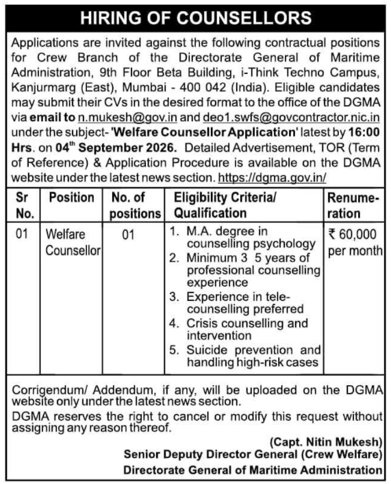 Contractual Welfare Counsellor Hiring Notice by DGMA