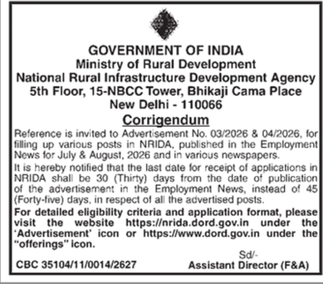 Corrigendum Notification for Application Deadline Extension by NRIDA
