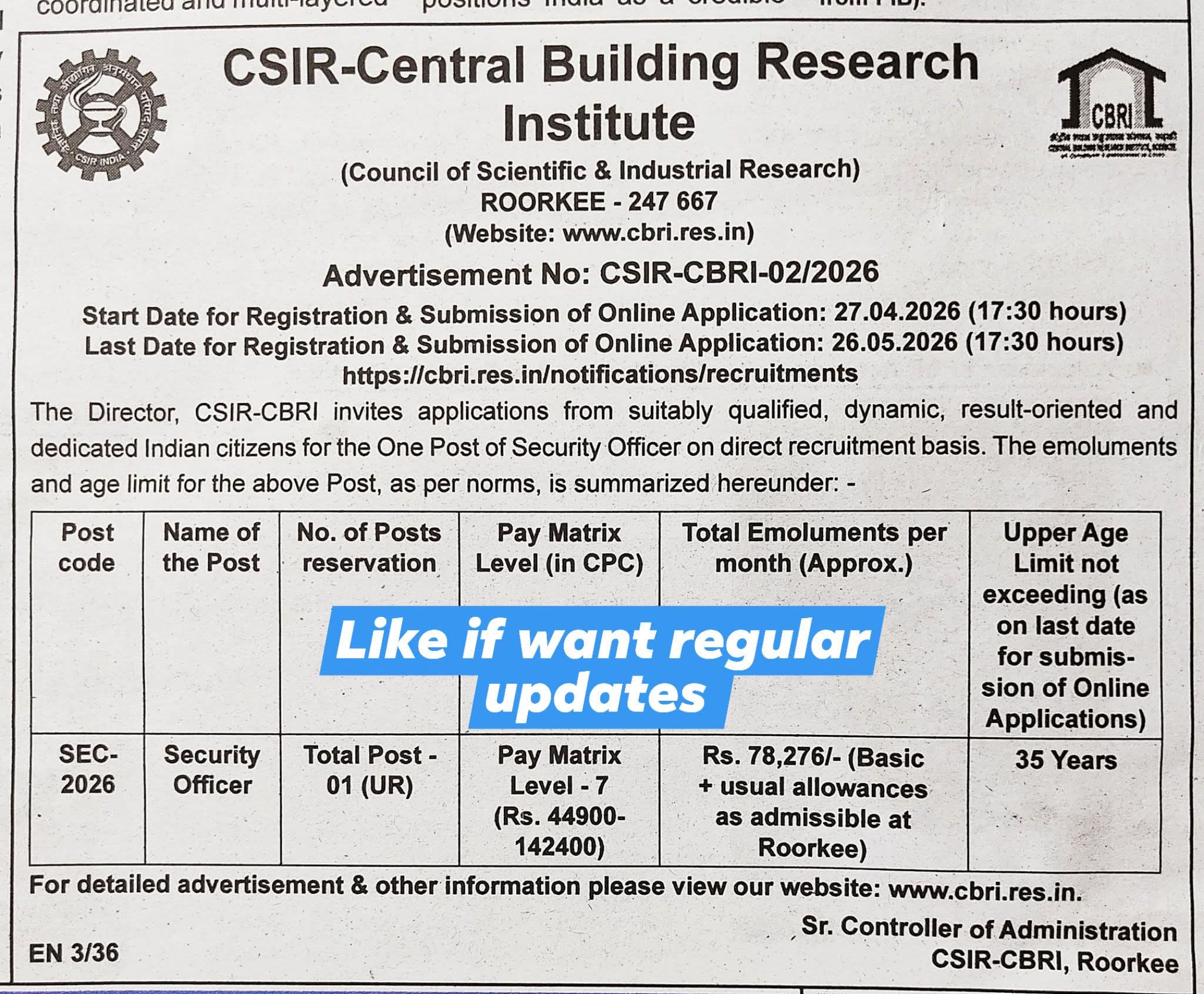 CSIR-CBRI Recruitment 2026: Direct Recruitment for Security Officer