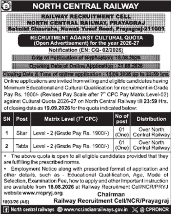 Cultural Quota Recruitment Notification by RRC NCR