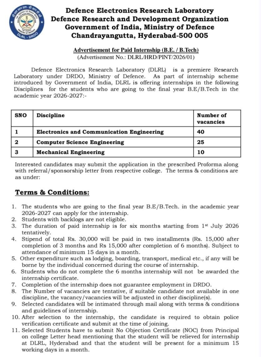 Defence Electronics Research Laboratory (DLRL) paid internships 2026