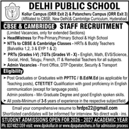 Delhi Public School is Hiring Staff