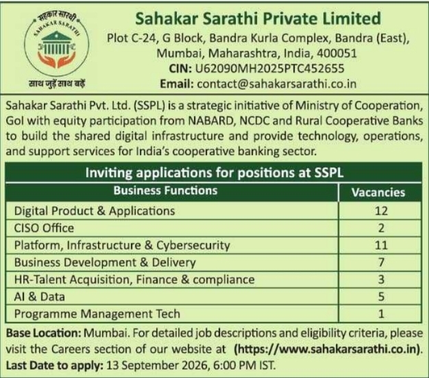 Digital Banking Infrastructure Vacancies at Sahakar Sarathi Private Limited