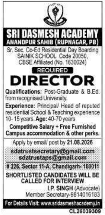 Director Recruitment at Sri Dasmesh Academy Anandpur Sahib