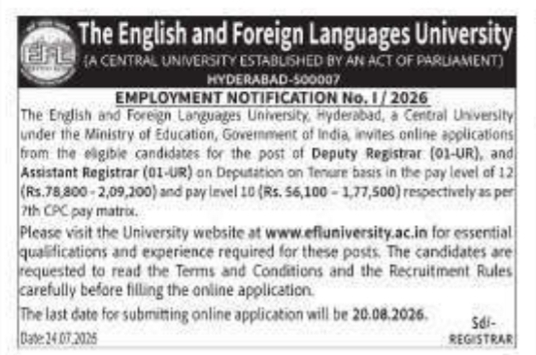 Employment Notification: Administrative Vacancies on Deputation Basis