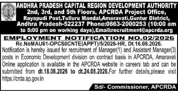 Employment Notification for Management Positions by APCRDA