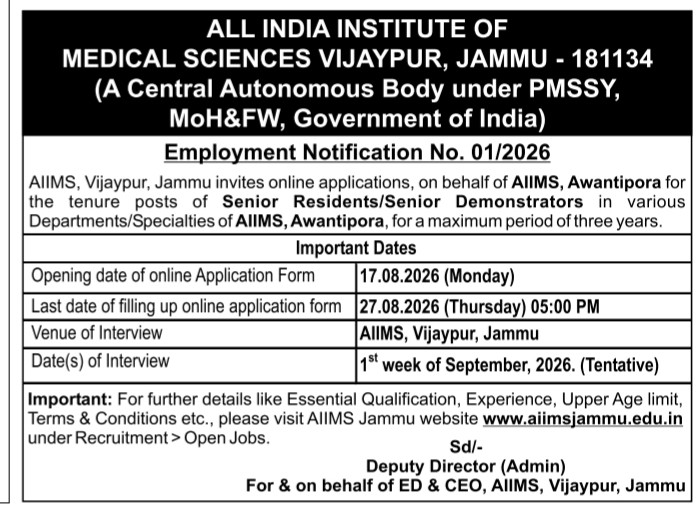 Employment Notification for Senior Resident Posts by AIIMS