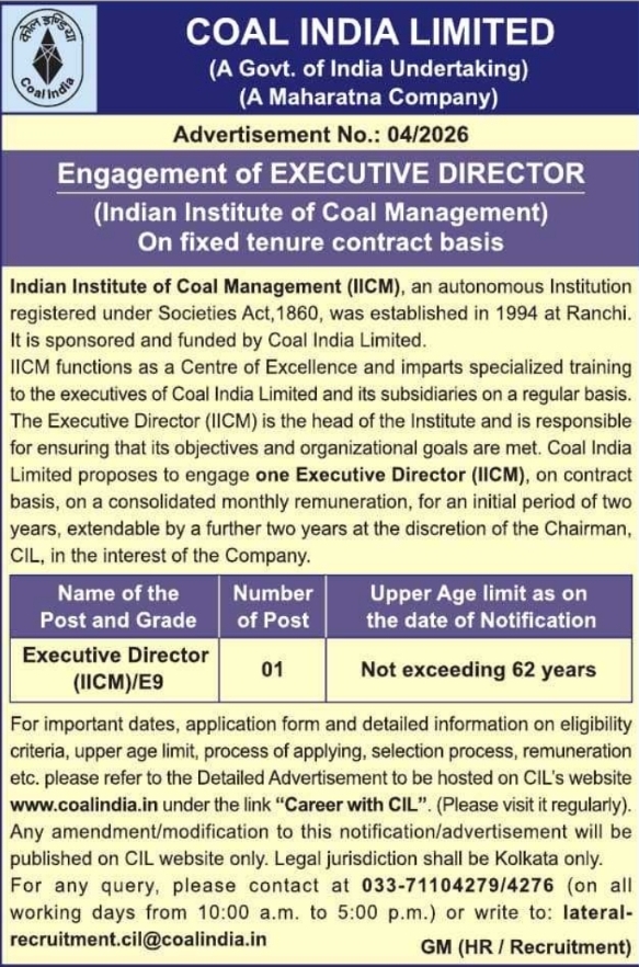 Executive Director Contractual Recruitment by Coal India Limited