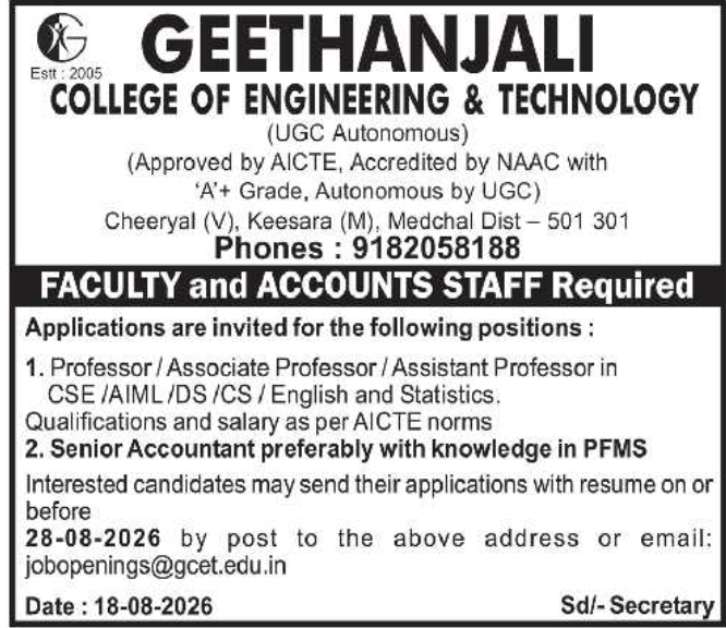Faculty and Accounts Staff Recruitment by Geethanjali College of Engineering
