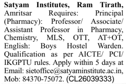 Faculty and Warden Recruitment at Satyam Institutes