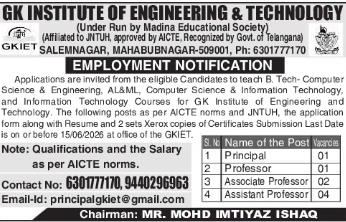Faculty Openings at GK Institute of Engineering & Technology