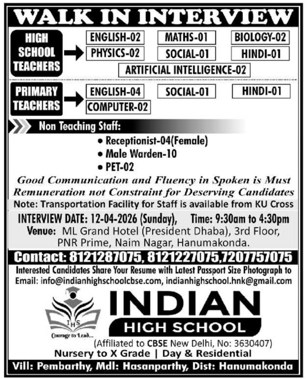 Hiring Teaching & Non Teaching Staff: Indian High School