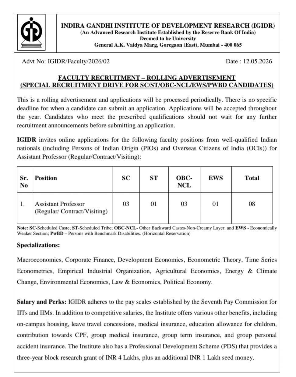 Faculty Recruitment: Assistant Professor at IGIDR, Mumbai
