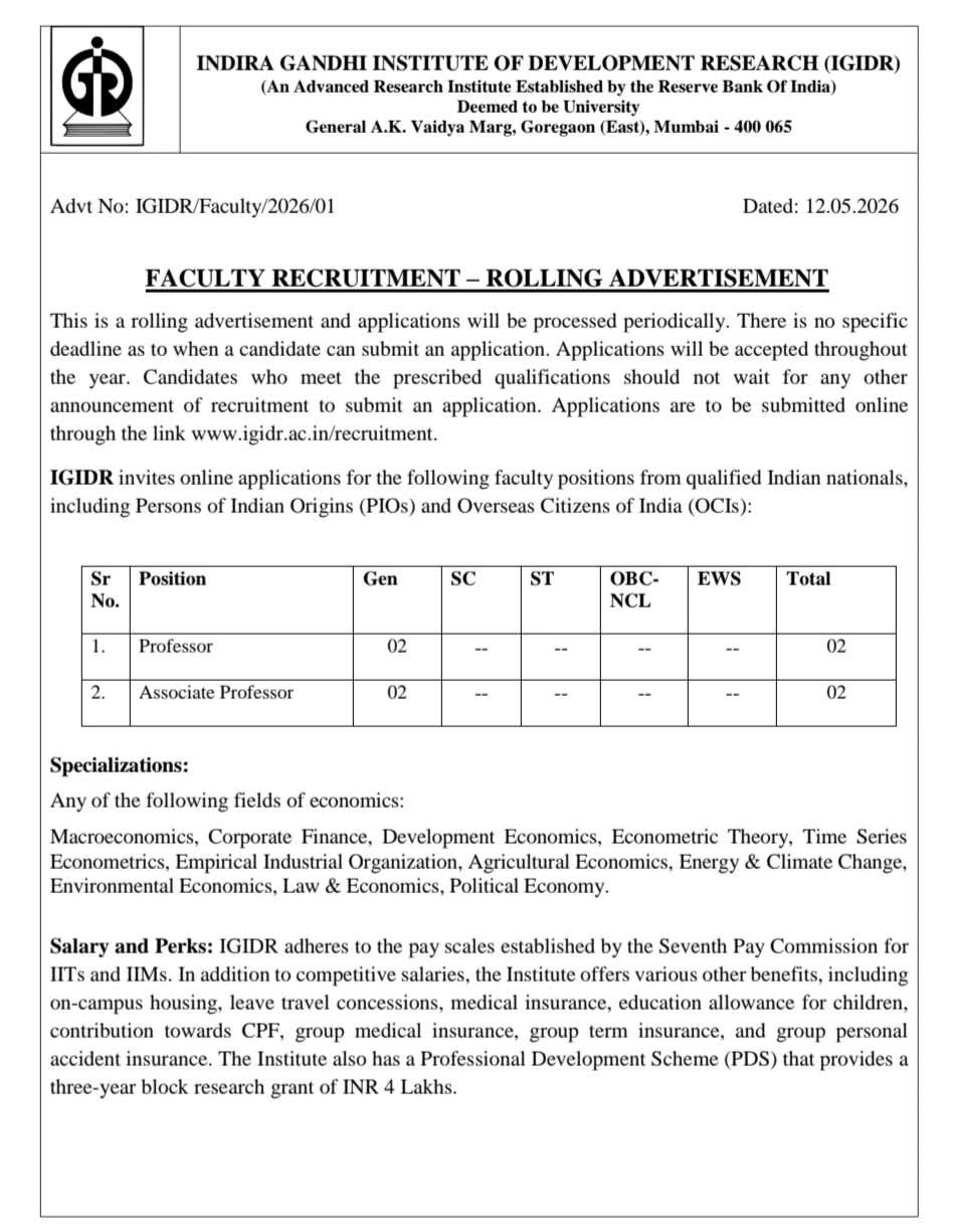 Faculty Recruitment: Professor and Associate Professor at IGIDR, Mumbai