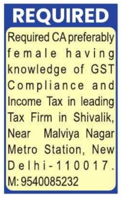 Female Chartered Accountant Recruitment at Shivalik Tax Firm