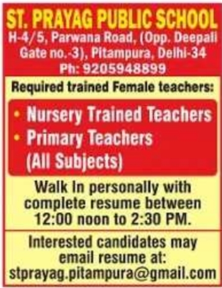 Female Teacher  Recruitment at St. Prayag Public School