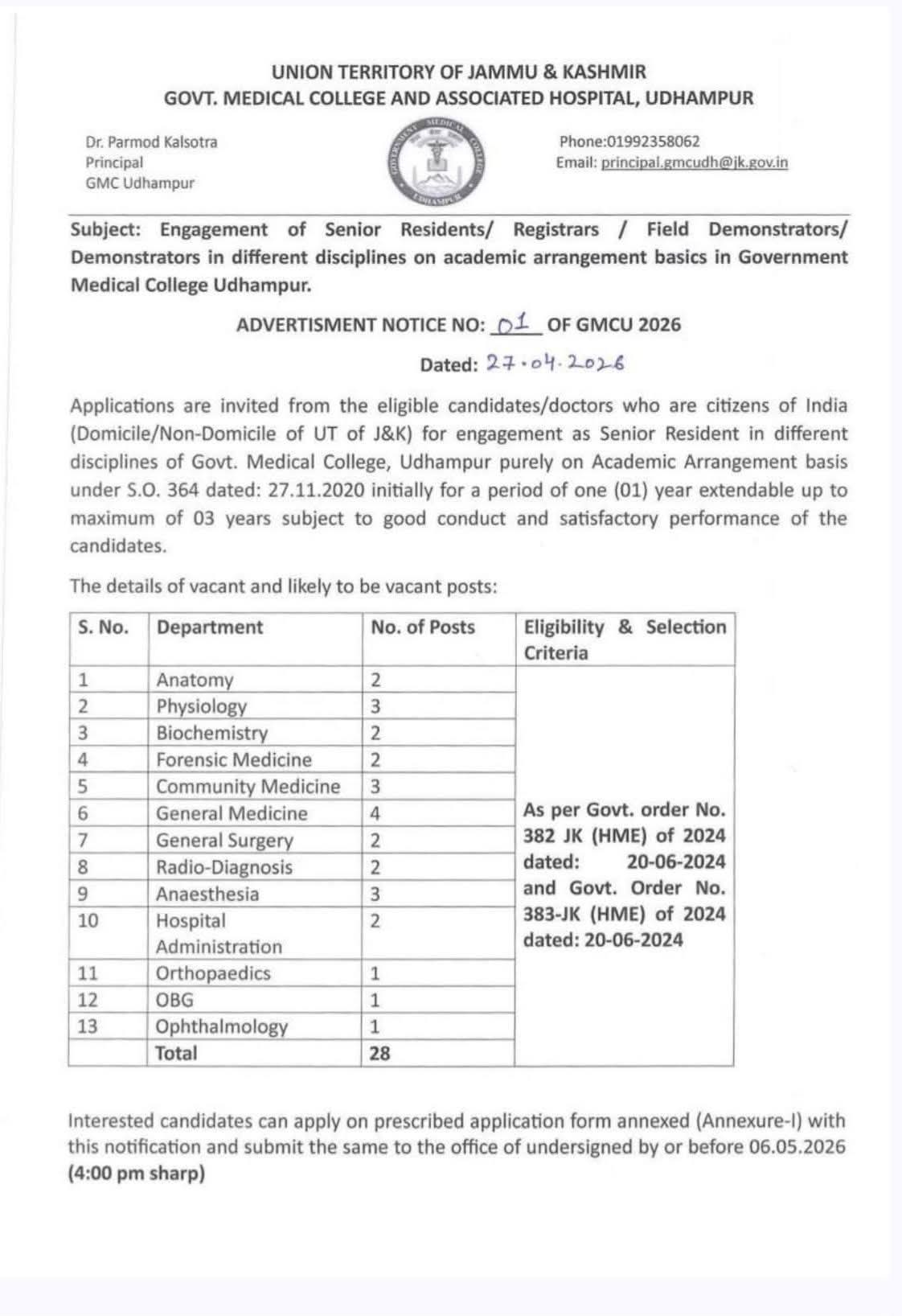 GMC Udhampur Recruitment 2026: Vacancies for Senior Residents, Registrars & Demonstrator