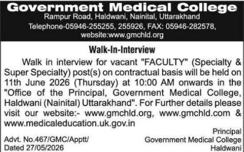 Government Medical College Haldwani Faculty Walk-In-Interview 2026
