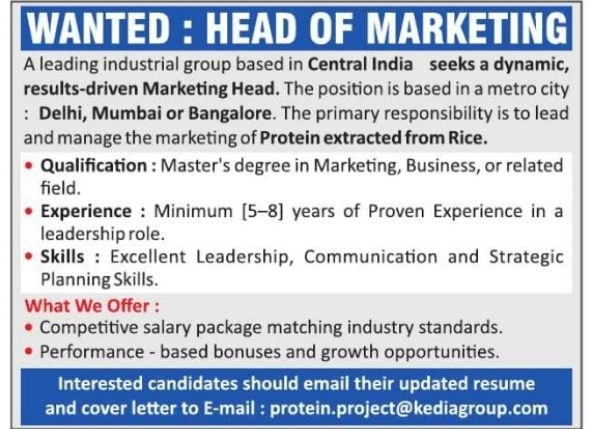 Head of Marketing Recruitment for Rice Protein Project