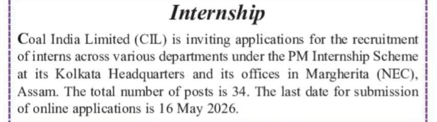 Hiring: 34 Interns at Coal India Limited
