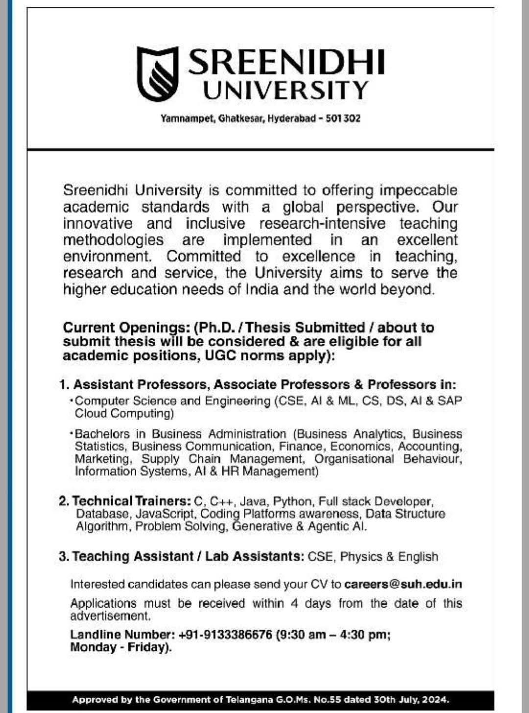 Hiring: Academic and Technical Staff at Sreenidhi University