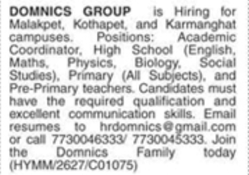 Hiring  Academic Coordinators & Teachers at Domnics Group